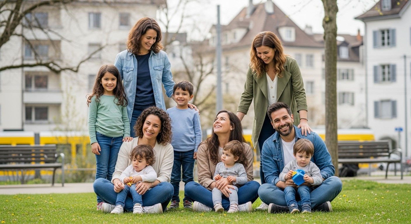Families with children sitting together in a neighborhood park